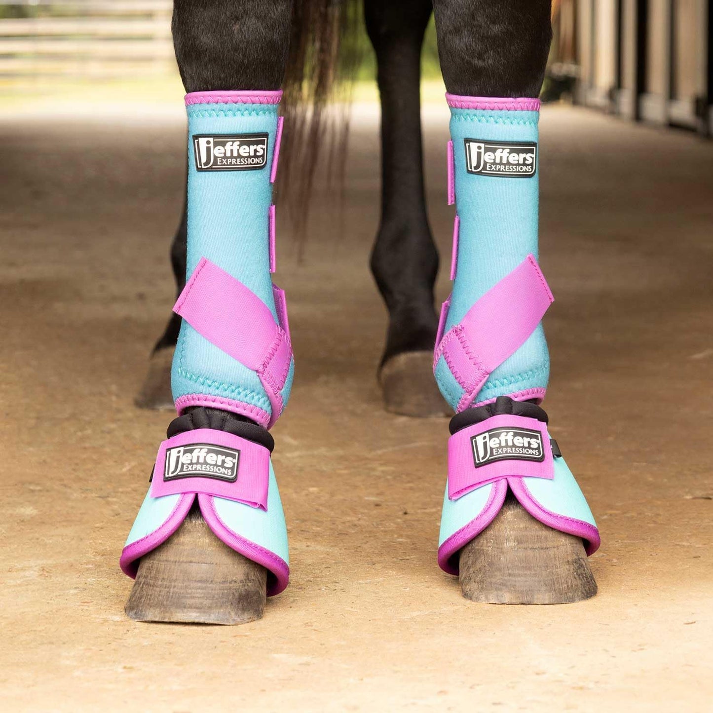 Jeffers Equine Neon Horse Boots – 1 Pair – Turquoise & Purple – Small Size – Breathable Neoprene, Secure Straps Closures – Durable Protection for Front & Hind Legs, Training, Trail & Riding Use