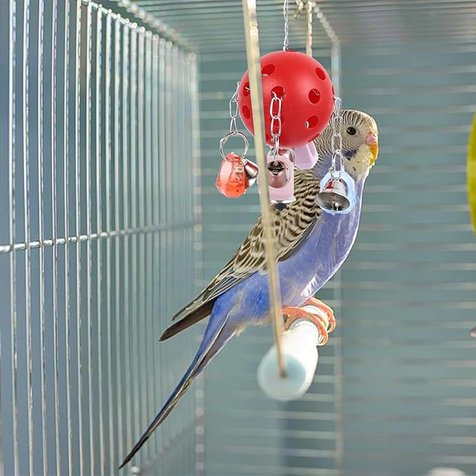 Colorful Bell Ball Bird Cage with Hanging Ring Interactive Parrot Chew for Parakeets Squirrels Small Pets Cage Decoration and Entertainment Accessory