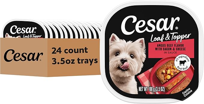 Cesar Loaf & Topper in Sauce Wet Dog Food Angus Beef Flavor with Bacon & Cheese, 3.5 oz. Easy Peel Trays, 24 Count (Pack of 1)