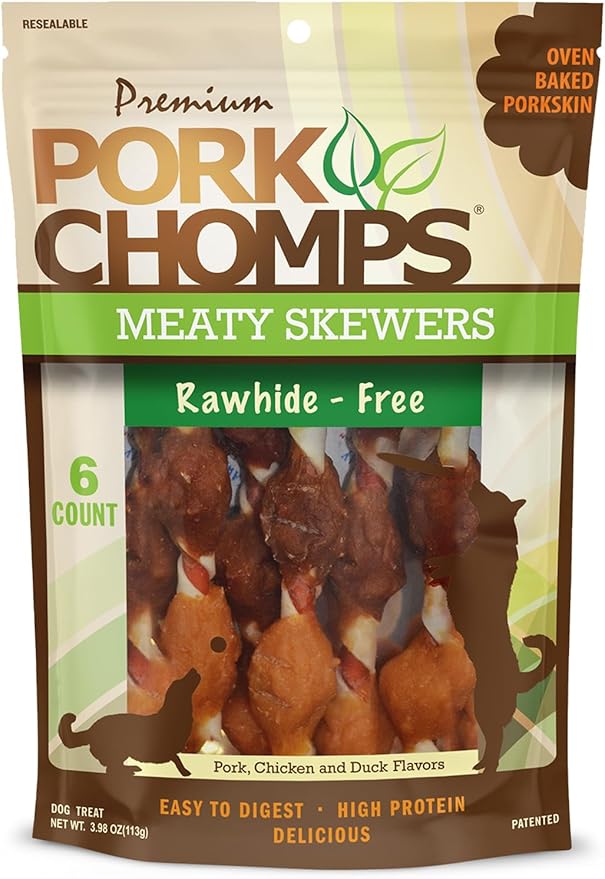 Pork Chomps Premium Meaty Skewers Dog Chews, 6 count - Pork Skin with Chicken & Duck - Long-Lasting Treats for Dogs - High Protein, Rawhide-Free, Low Fat, Healthy & Delicious, 3.98 oz (1 Pack)