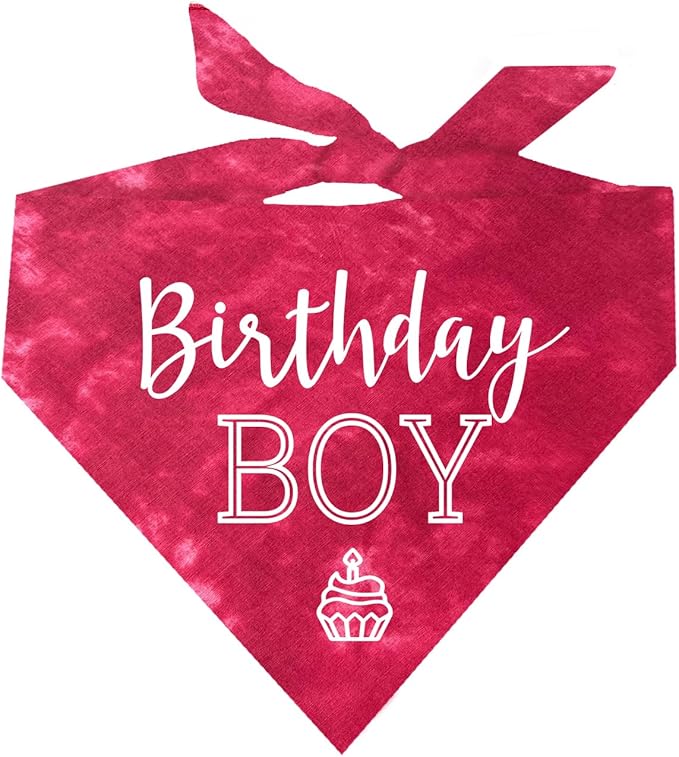 Birthday Boy with Cupcake Dog Bandana | 100% Cotton Tie Dye | Made in USA | Birthday | Pawty | Party Theme | Celebration Supplies | Photoshoot | One Size | Red Scrunch (214)