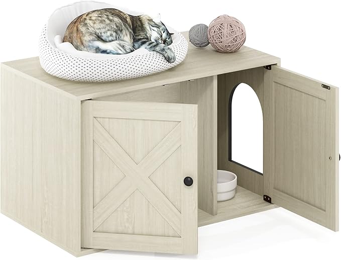 Furinno Peli Farmhouse Cat Litter Box Enclosure, White Wash