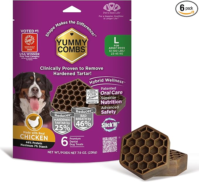 Yummy Combs Dog Dental Treats – Vet VOHC Approved, Removes Tartar & Cleans Teeth – Yummy High Protein Chicken Treat for Large Dogs (Mini Pack, 6 Count)