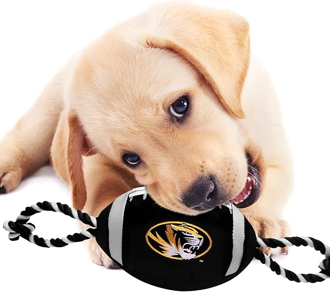 NCAA Missouri Tigers Nylon Football Dog Toy Tough Quality Nylon Materials, Strong Pull Ropes, Inner Squeaker, Collegiate Team Color