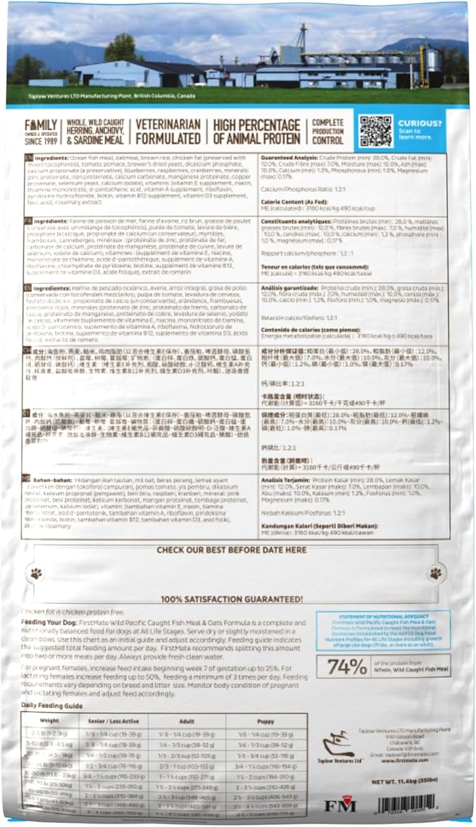 FirstMate Grain Friendly Dog Food Wild Pacific Fish & Oats Formula – Wild Caught Herring Anchovy & Sardine, Single Protein, Pea Free & Potato Free Dry Dog Food with Wholesome Grains – 25 lb Bag