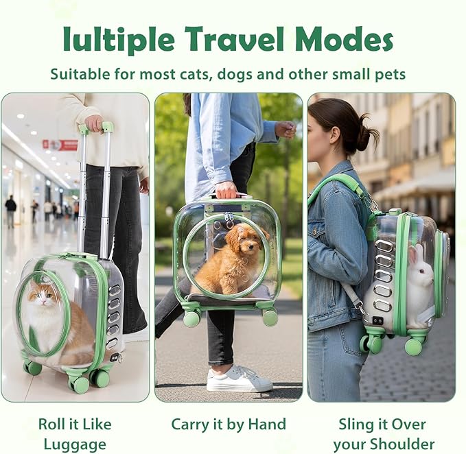Cat Carrier Backpack with Silent Wheels, Clear Cat Stroller with Ventilation Holes, Telescopic Handle, Convenient Portable Cats Dogs Backpack for Travel (Green-B)