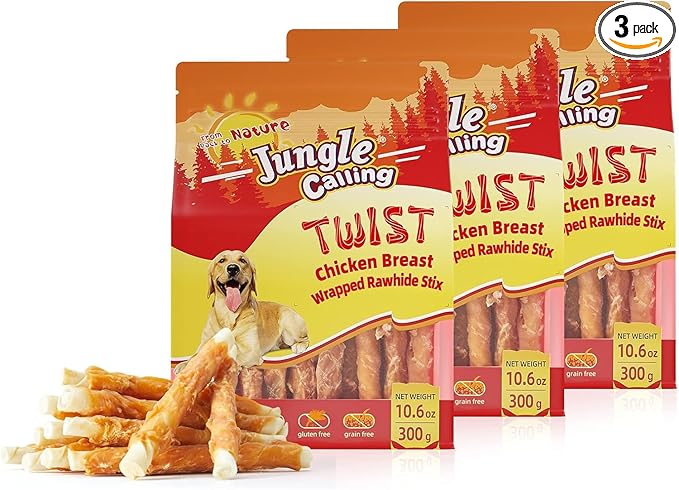 Jungle Calling Dog Treats, Chicken Wrapped Rawhide Sticks Dog Chews, Rawhide Chewy Training Snacks for Small, Medium & Large Dogs, 2 lbs (3 Packs)