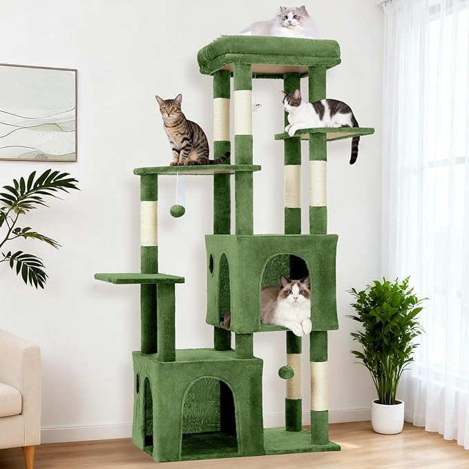 61.4 Inch Cat Tree, Large Cat Tower with Sisal Scratching Posts, 2 Spacious Cat Beds, Hanging Ball & Top Perch, Ideal for Large Indoor Adult Cats, Green