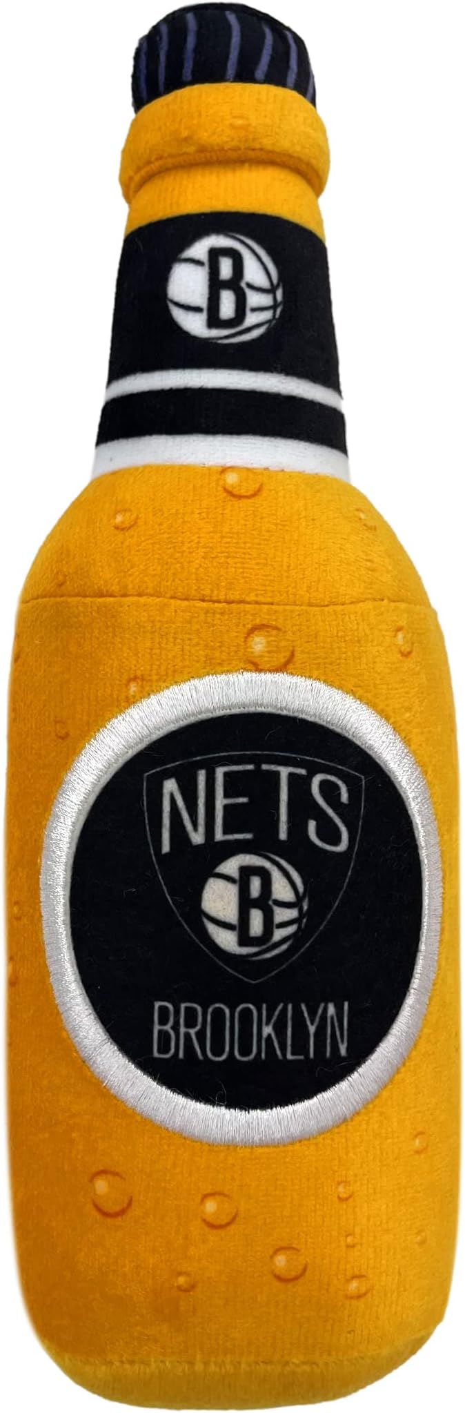 NBA Brooklyn Nets Beer Bottle Plush Dog & CAT Squeak Toy - Cutest Stadium SODA Bottle Snack Plush Toy for Dogs & Cats with Inner Squeaker & Beautiful Basketball Team Name/Logo