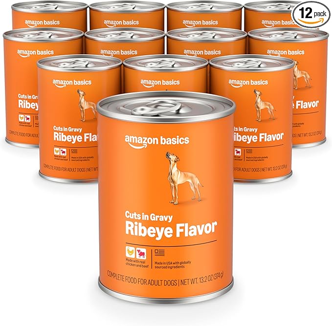 Amazon Basics Wet Dog Food, Cuts in Gravy, Ribeye Flavor, Made with Real Chicken and Beef, 13.2 oz can (Pack of 12)