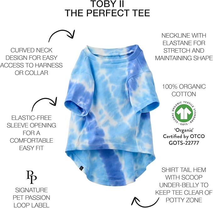 Pet Passion Toby II - The Perfect Tee, 3 Pack Short Sleeve Pet T-Shirt 100% Organic Cotton Tees Clothes for Small, Medium, Large Dogs, Blue Tie Dye, X-Small (5-12 lbs)