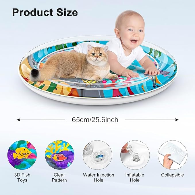 Cat Dog Water Mat with 3PCS Multi-Color Lights [ Newly Upgraded, 2 Layers Thickened Pet ] Anti-Scratch Leak Proof, with Floating Fish for Indoor and Outdoor Cat Dog Toys (Octopus & Light)