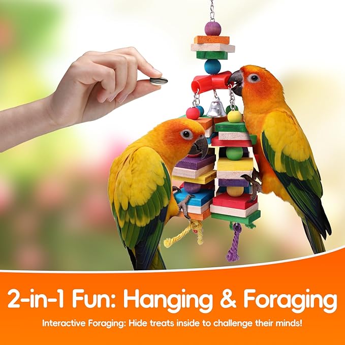 Cockatiel Toys,Natural Wood Bird Toys - 13.7" Interactive Shredding and Chewing Toy for Conures & Parakeets, Small to Medium Parrots Foraging Toys for Cage with Red Pipe & Silver Bell, Beak Health