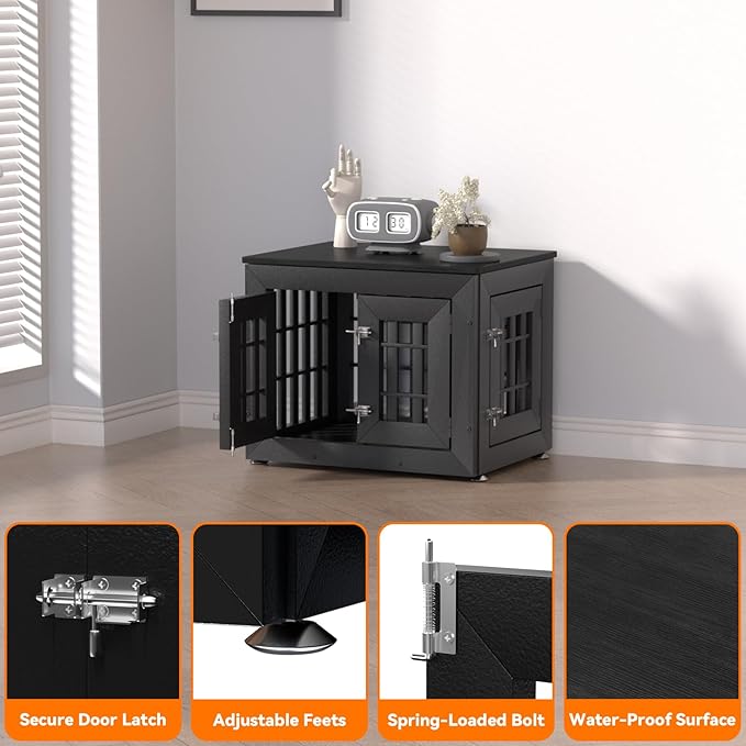 Snuowu 26" Heavy-Duty Dog Crate Furniture for Small/Medium Dogs, Rustic Wooden Dog Cage Kennel Indoor Furniture, Decorative Pet House End Table, Black