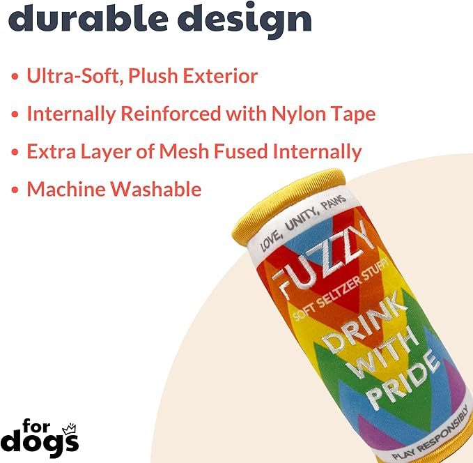 Huxley & Kent for Dogs | Fuzzy Soft Seltzer (Small) | Pride Funny Dog Toy | Power Plush Dog Toy with Squeaker | Dog Gift | Fun, Durable, and Safe | H&K Squeaky Dog Toy
