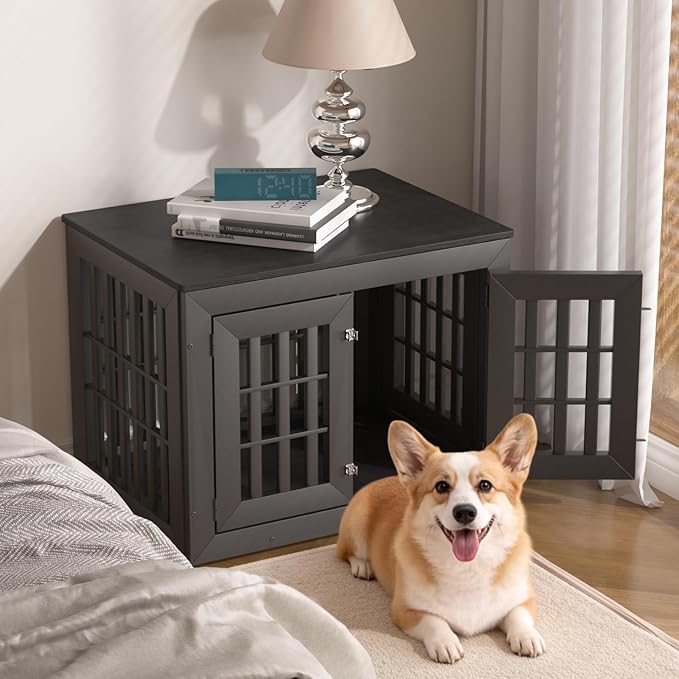 Snuowu 32" Heavy-Duty Dog Crate Furniture for Small/Medium Dogs, Rustic Wooden Dog Cage Kennel Indoor Furniture, Decorative Pet House End Table, Black
