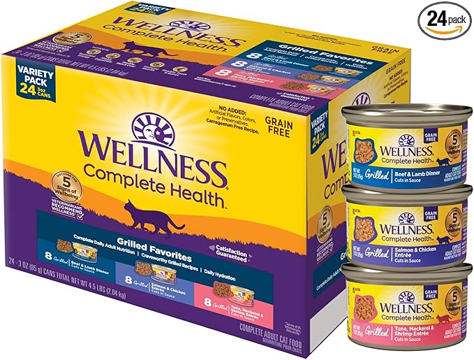 Wellness Complete Health Grilled Favorites Variety Pack Adult Canned Wet Cat Food, Natural, Protein Rich, Grain Free, 3 oz, Pack of 24 Cans