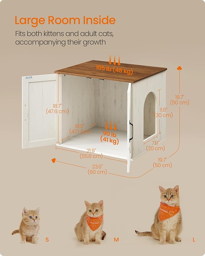 Feandrea Cat Litter Box Enclosure, Hidden Litter Box Furniture, Indoor Pet House End Table, 23.6 x 19.7 x 19.7 Inches, Rustic White and Honey Brown UPCL042W201