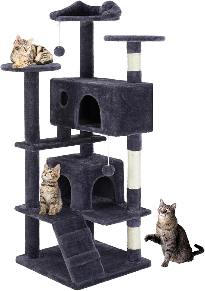 Hexago 54 Inch Cat Tree Tower for Indoor Cats, Dark Blue Multi-Level Cat Condo with Scratching Posts, Climbing Ramp, Plush Beds, and Toy Ball, Stable Cat Furniture Activity Center