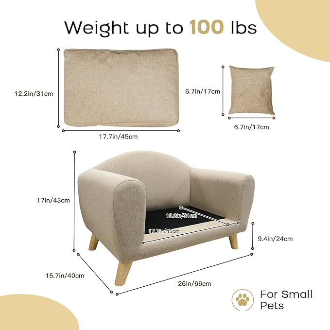 Dog Sofa Bed for Small Dogs, Supportive Foam Dog Couch with Washable Cushion and Anti-Skid Pads, Soft Pet Sofa for Cats, Modern Pet Couch with Low Back, Puppy Bed & Chair, Light Grey