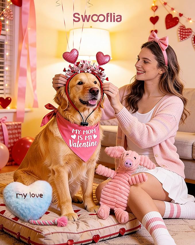 Swooflia 4 Pcs Pink Valentines Dog Toys - Cute Plush Squeaky Dog Toys, Cat Dog Scarf Headband for Puppy Pet to Keep Them Busy (Not for Big & Aggressive Chewer)