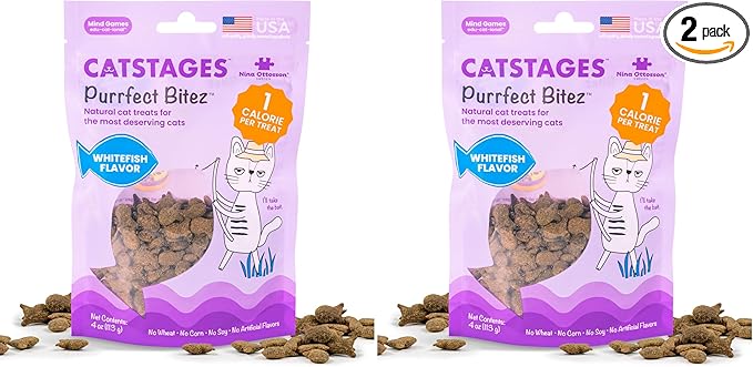 Catstages by Nina Ottosson Purrfect Bitez Natural Crunchy Cat Treats for Puzzles, Toys, Feeders, & Training, USA-Made, Real Whitefish Flavor, 4oz (Pack of 2)
