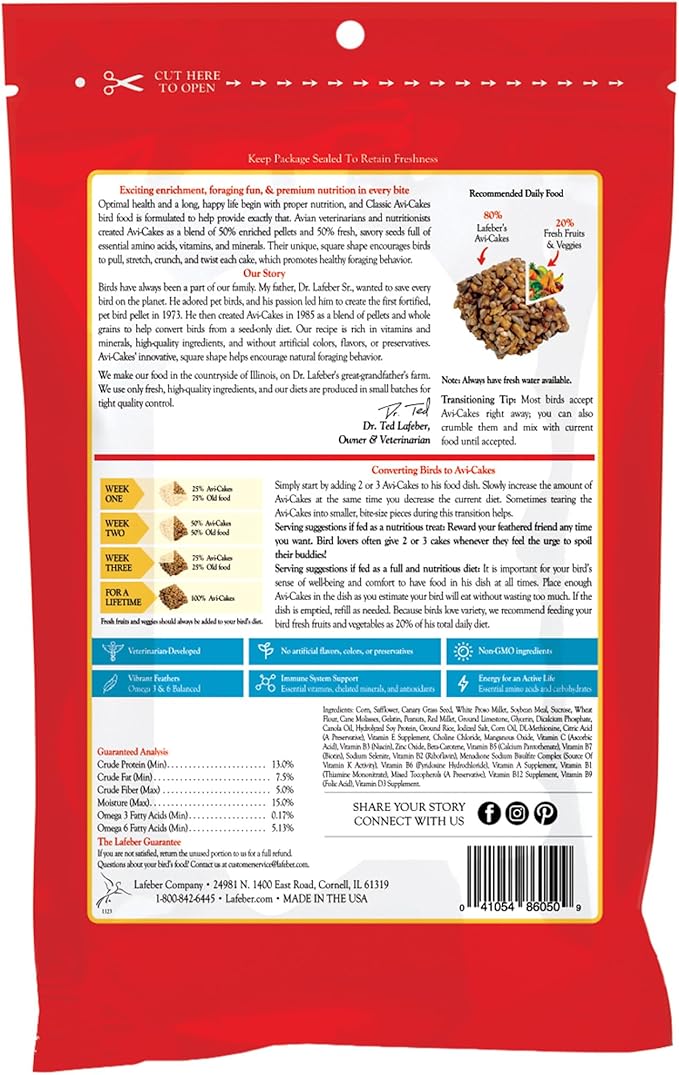 LAFEBER'S Classic Avi-Cakes Pet Bird Food, Made with Non-GMO and Human-Grade Ingredients, for Macaws & Cockatoos (1 Ib Pack of 2)