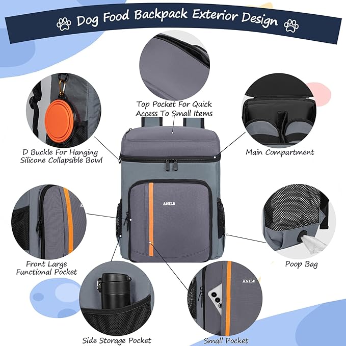 ANILD Dog Travel Bag Backpack, Flight-Ready TSA-Approved Dog Travel Bag with 2 Leak-Proof Food Canisters, 3 Foldable Silicone Bowls, Multi-Compartment Organizer for Hiking, Camping, Dog Mom Essentials