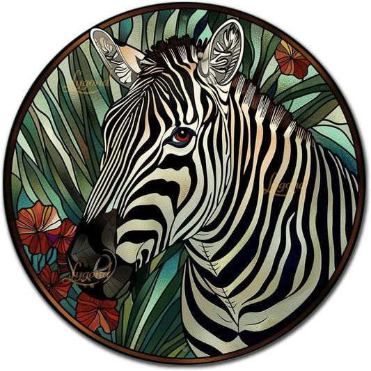 Lygond Metal Sign Tin Sign Circular Stained Glass Zebra Funny Bathroom Wall Decor for Gift 8×8 Inches