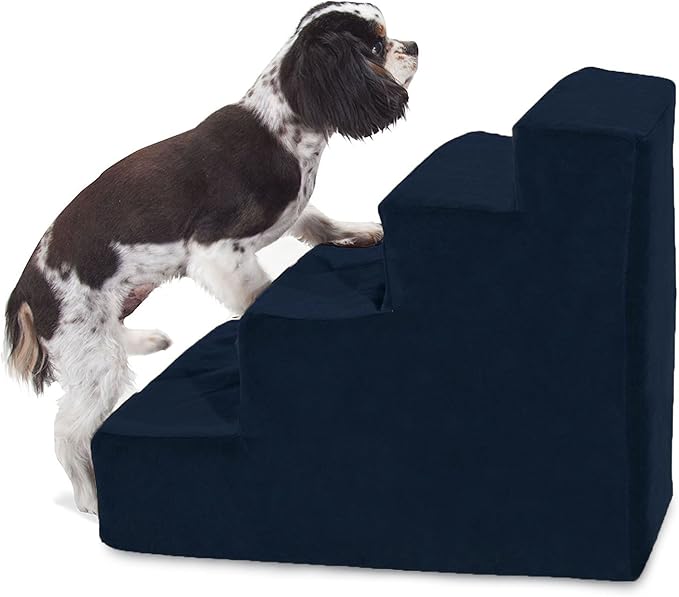 Majestic Pet 4 Step Portable Dog Stairs for Small Dogs to get on Bed Supports 25 lbs or Less – Dog Steps for High Bed with Machine Washable Cover – Pet Stairs for Cats Suede Navy