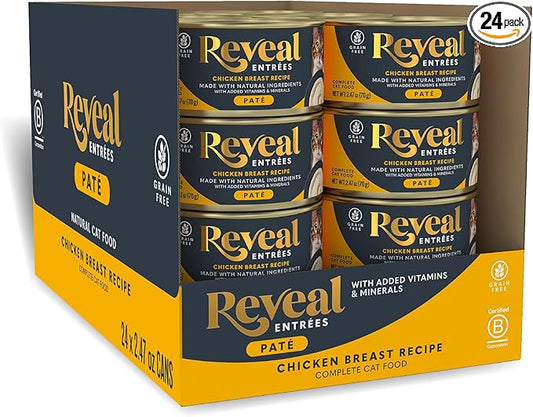 Reveal Entrées Natural Wet Cat Food Paté, Grain-Free with Added Vitamins & Minerals, Carrageenan-Free and High Protein, Chicken Breast Paté Recipe (24 x 2.47 oz Cans)
