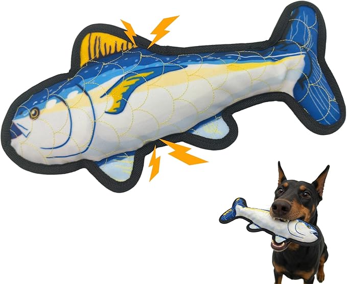 Recycled Canvas Tuna Squeaky Dog Toy for Chewers Puppy Teething Chew Toy Cute Blue Fish Stuffed Animal Durable Interactive Dog Squeak Toy for Small Medium Large Dogs Toy Gift 32.5cm/12.8in