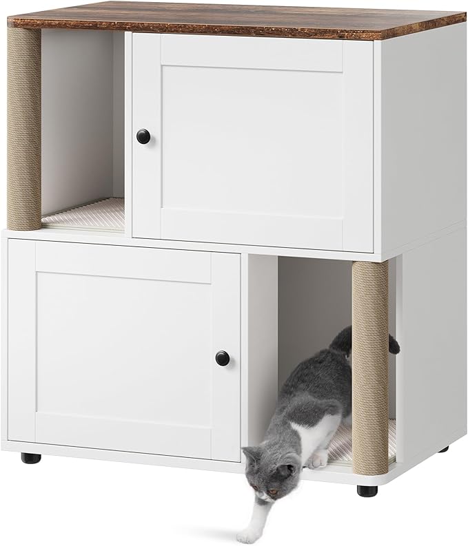 Cat Litter Box Enclosure for 2 Cats, Hidden Litter Box Furniture with Scratch Post and Double-Layer Litter Mats,Farmhouse Wooden Cat House Washroom or Bed, White