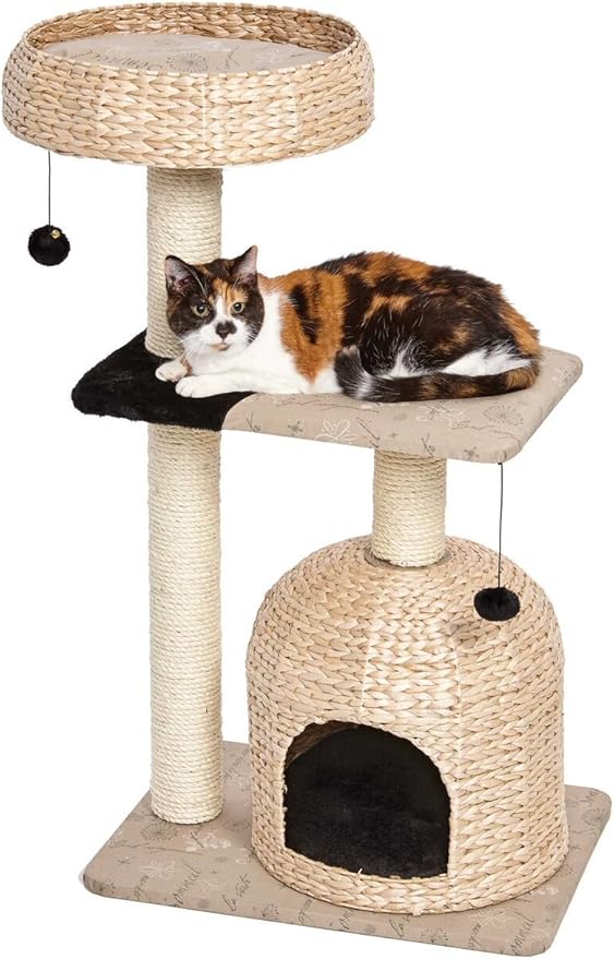 MidWest Homes for Pets Cat Tree | Nest Cat Furniture, 3-Tier Cat Activity Tree w/Sisal Wrapped Support Scratching Posts & Dangle Play Balls, Woven Rattan & Script Medium Cat Tree