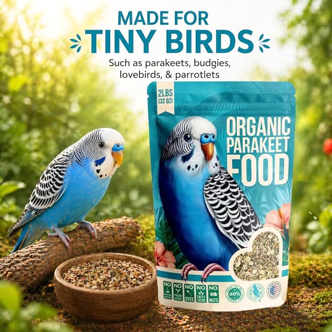 Organic Parakeet Food - No Fillers, Fatty Seeds, or Dyes - Budgies, Lovebirds & Parrotlets - Premium Human Grade Seed Mix, Grain & Wholesome Veggies – Made in USA (2 lbs)