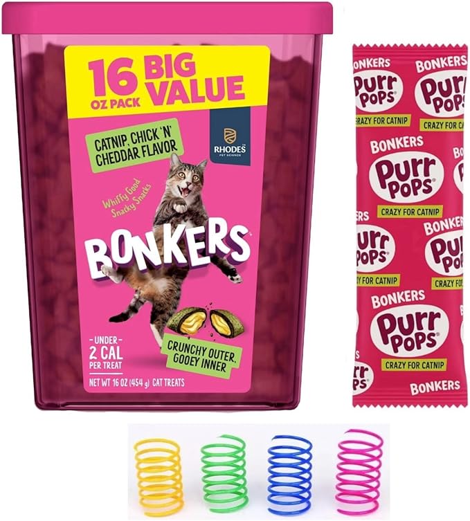 Bonkers Cat Treats, Catnip & Chicken Cheddar Flavor, Crunchy & Gooey, 16 oz Value Pack with Free Catnip Purrpop Sample, Plus 4 Cat Spring Toys