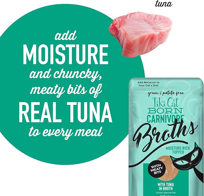 Tiki Cat Born Carnivore Broths, Tuna Recipe, Hydration and Flavor Supplement Cat Food Topper, 1.3 oz. Pouch (Pack of 12)
