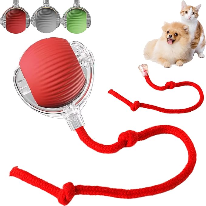 Smart Electric Cat/Dog Ball - Interactive Rolling Ball Toy, Automatic, Replacement Rope Included, Indoor/Outdoor (Red)