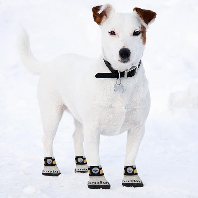 NFL Pittsburgh Steelers Anti Slip Dog Socks with Elastic Ribbed Top, Size X-Small/Small. Indoor/Outdoor Socks, Best Dog Paw Protector, 2 Pairs, Cool Puppy Supplies with NFL Logo of Steelers Team