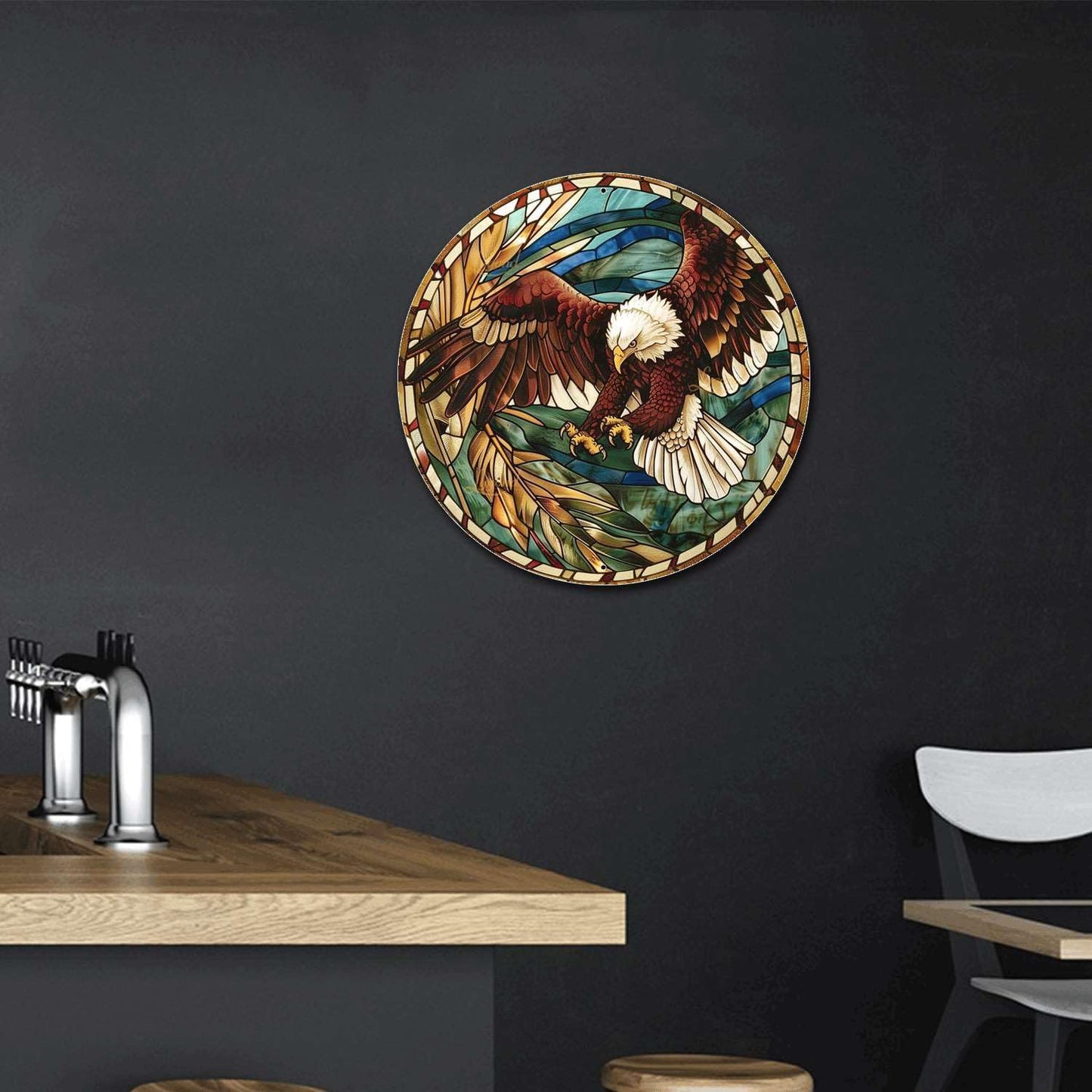 Lygond Metal Sign Tin Sign Circular Stained Glass Eagle Signs For Garden For Pet 8×8 Inches