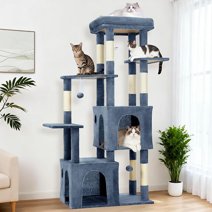 61.4 Inch Cat Tree, Large Cat Tower with Sisal Scratching Posts, 2 Spacious Cat Beds, Hanging Ball & Top Perch, Ideal for Large Indoor Adult Cats, Light Blue