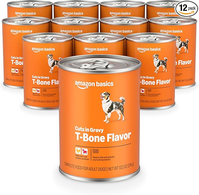 Amazon Basics Wet Dog Food, Cuts in Gravy, T-Bone Flavor, Made with Real Chicken and Beef, 13.2 oz can (Pack of 12)
