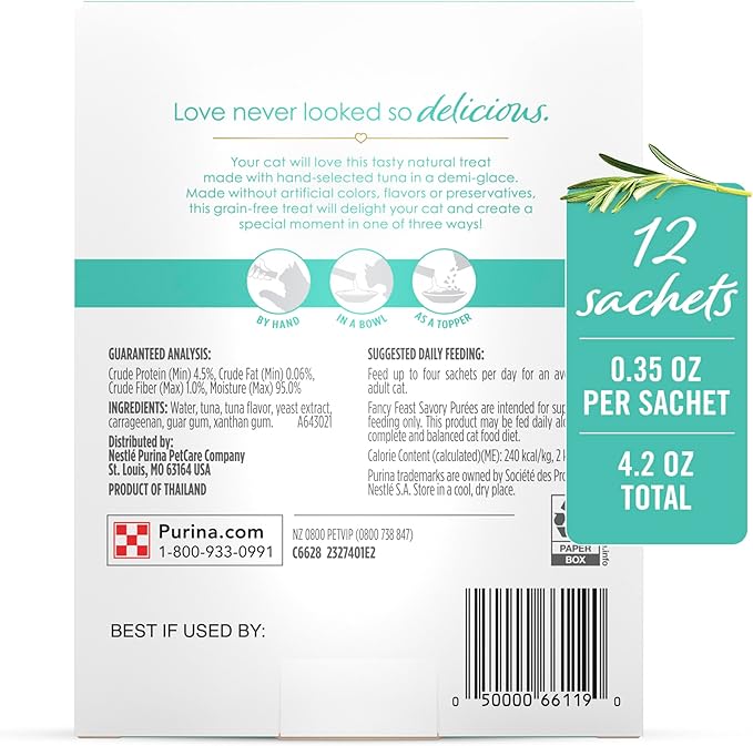 Fancy Feast Purina Squeezable Cat Treats Tube, Savory Puree Naturals with Natural Tuna in a Demi-Glace - 0.35 Ounce (Pack of 36)