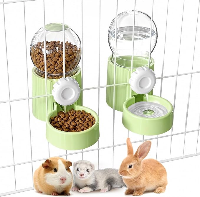 38oz Hanging Automatic Food Water Dispenser, Large Capacity Gravity Rabbit Water Dispenser and Feeder Set, for Bunny Guinea Pig Chinchilla Ferret Cage Accessories (Green)