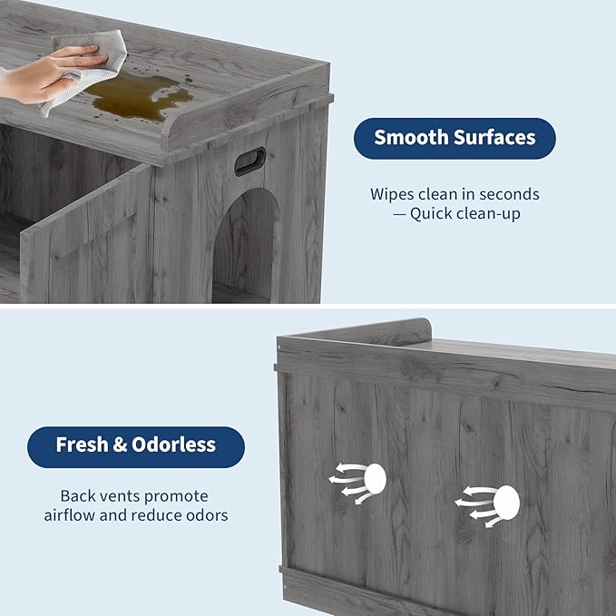Cat Litter Box Enclosure Furniture with Barn Door & Display Shelf, Wooden Hidden Litter Box Cover, Dog-Proof Design for Multiple Cats, Modern Cat House Furniture to Fit Most Litter Boxes - Grey