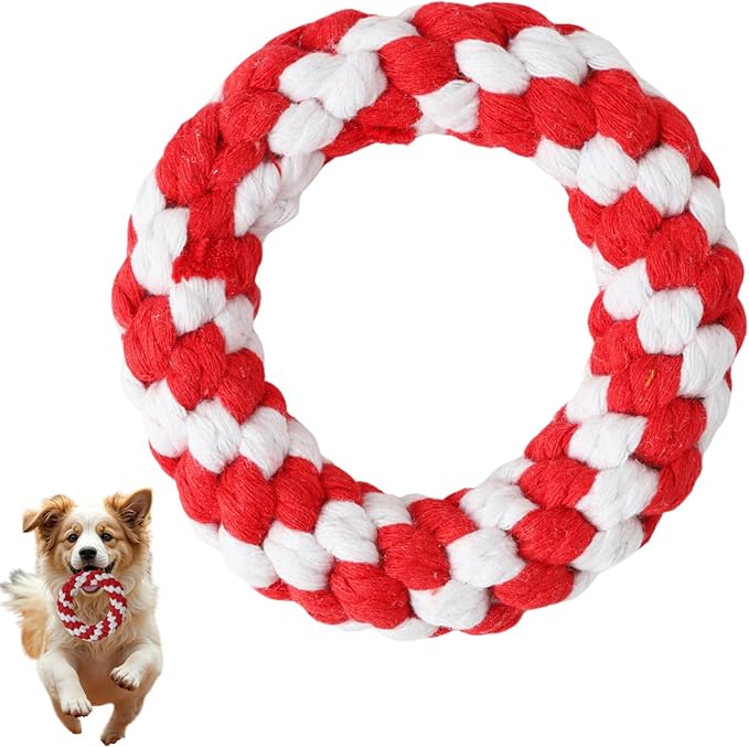 Woven Round Donut Pet Rope Toys, 4.8-inch Red Durable Cotton Pet Chew Toys for Dogs & Cats, Heavy Duty, Safe & Non-Toxic, Chew Toys for Pets, Teething Relief & Interactive Play