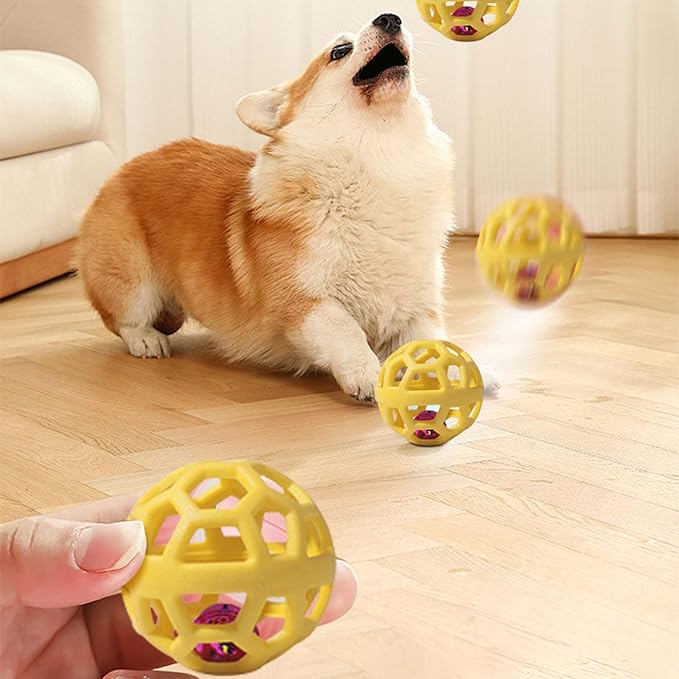 Dog Chew Toys with Bell Sound, 3 Rubber Bouncy Ball for Medium/Large Dogs, Interactive Fetch Ball Teeth Cleaning&Training, Hollow Design with Internal Bells (Yellow)
