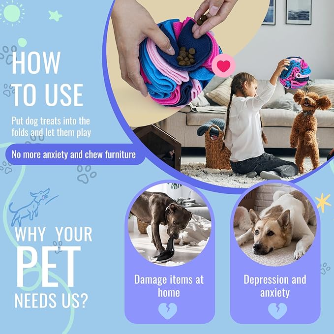 Pet Snuffle Ball, Puzzle Sniffing Interactive Dog Ball for Blind Dogs Training Stress Relief Dog Enrichment Toys Treat Machine Washable (Royal Blue, 15cm)