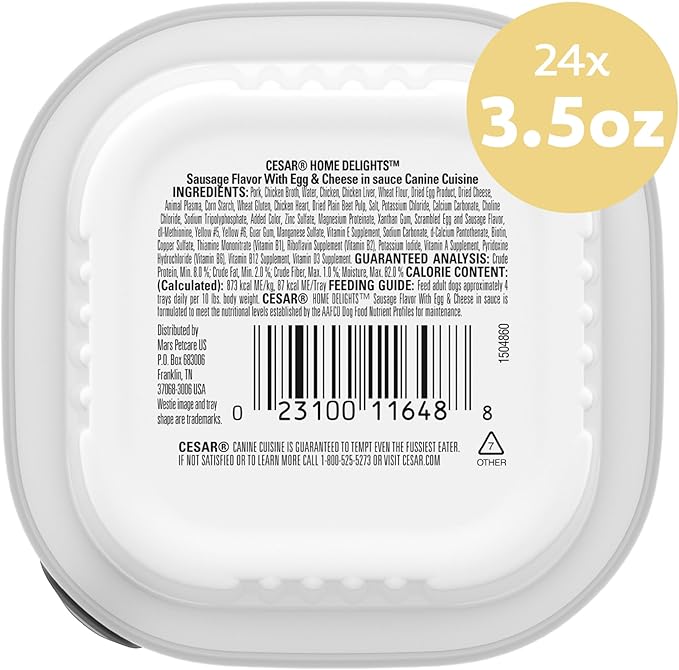 Cesar Home Delights Adult Wet Dog Food Sausage Flavor with Egg & Cheese in Sauce, 3.5 oz. Easy Peel Dog Food Tray, 24 Count (Pack of 1)