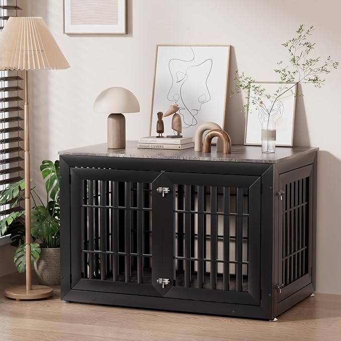 Snuowu 48" Heavy-Duty Dog Crate Furniture for Large Dogs, XXL Wooden Dog Cage Kennel Indoor Furniture, Decorative Pet House End Table, Black & Grey